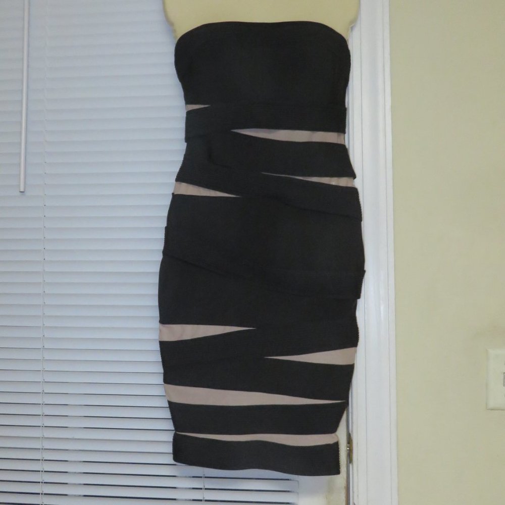 ❤️CELINE PARIS Runway Black / Tan Bandage Bodycon Strapless Wiggle Dress Small